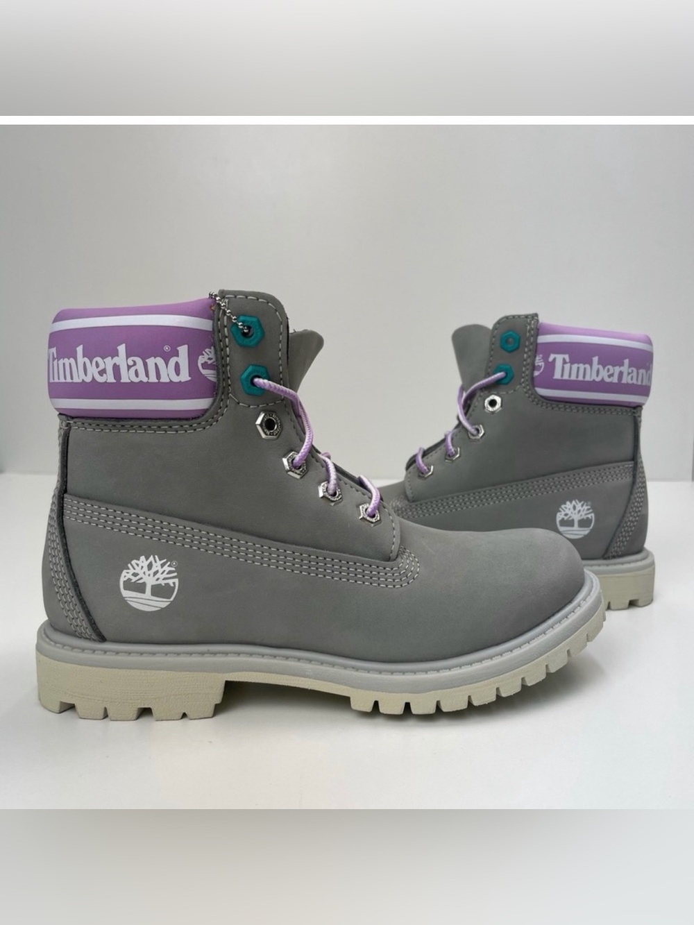 Timberland Grey Boots with Lavender Collar and Laces